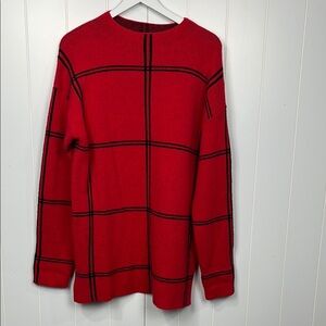 Womens Pullover Tunic Sweater Red Black S/M Large Scale Plaid Stretch Soft Comfy